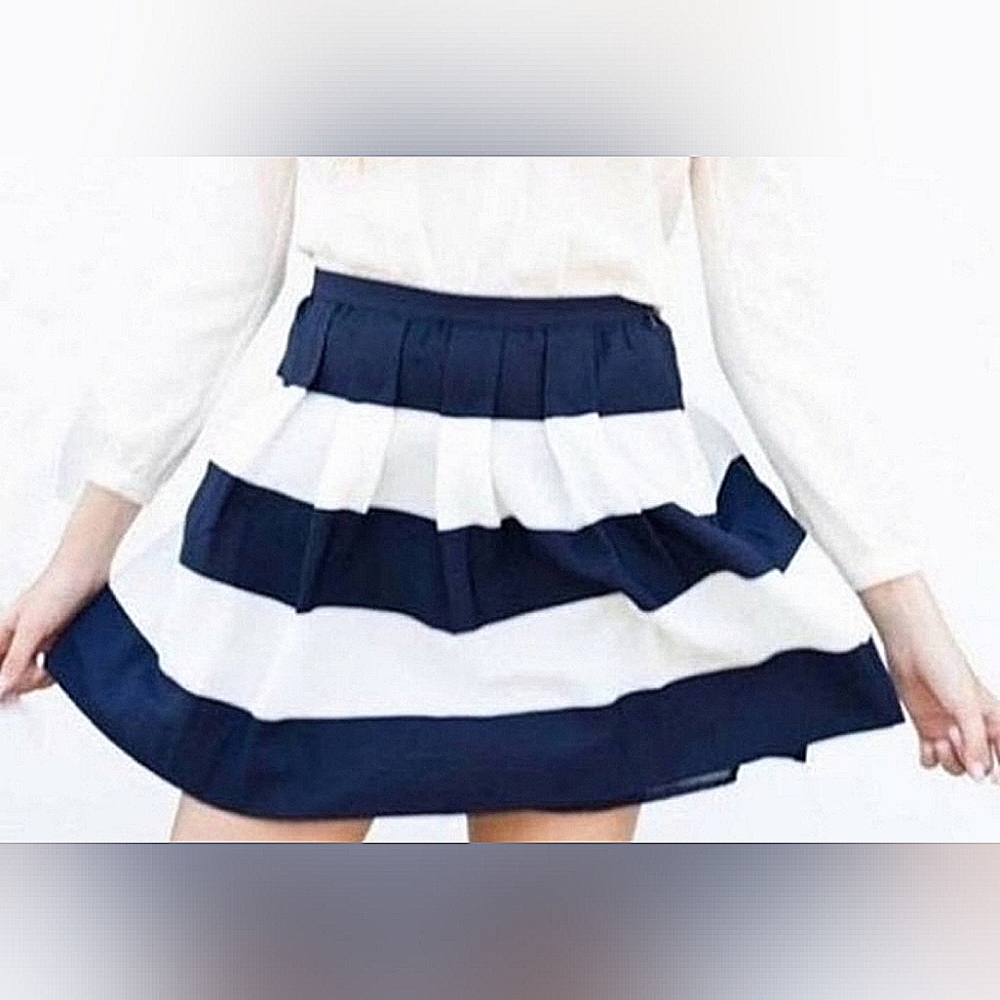 J. CREW Wide Striped Pleated Mini Skirt Navy Blue Cream Ivory A-Line Satin 4 GUC